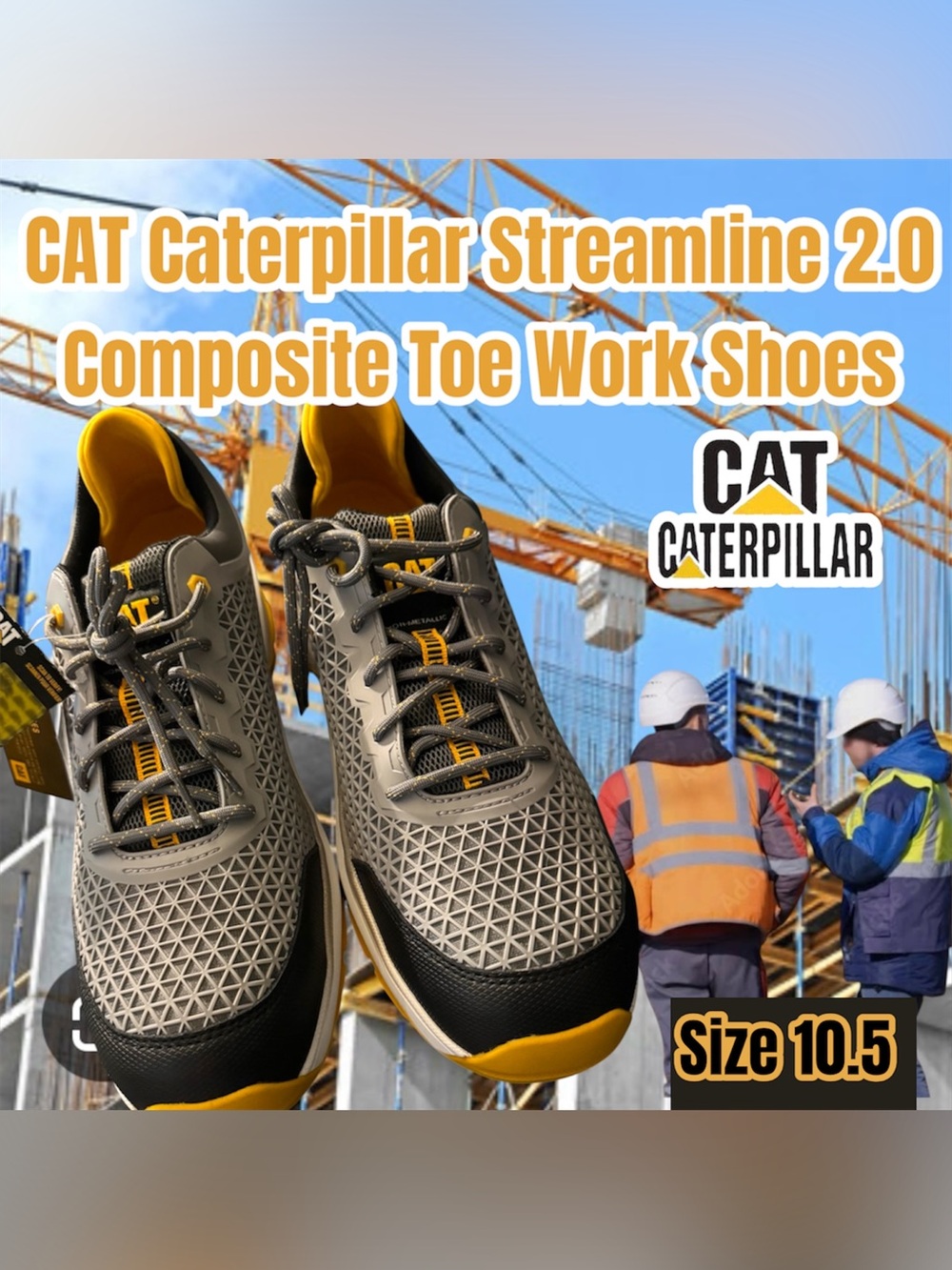 CAT Caterpillar Streamline 2.0 Composite Toe Work Shoes, Gray & Yellow Size 10.5